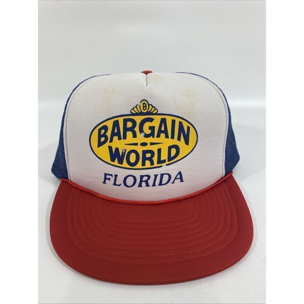 Vintage SnapBack Mesh Trucker Hat‎ Mohr’s Bargain World Florida Red Blue USA